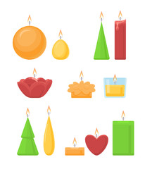 Wall Mural - Set of different candles on white background. Vector flat illustration.