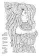 Vector young attractive witch in a high hat with curls hair. Halloween costume party. Pattern coloring page A4 size.