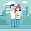 Young modern family concept. Mother, father and their baby walking around the city / flat editable vector illustration, clip art