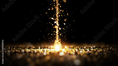 Zdjęcie XXL Strumień brokat złoto czarne tło. 3d ilustracja, 3d rendering.