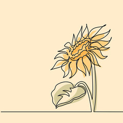 Wall Mural - Beautiful yellow sunflower. Continuous line drawing. soft colors Vector illustration