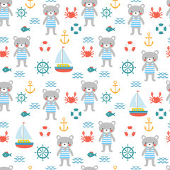 Wall Mural - Seamless pattern with cute little bear sailor. Marine children background with fish, sailboat, crab and anchor. Sea, ocean design