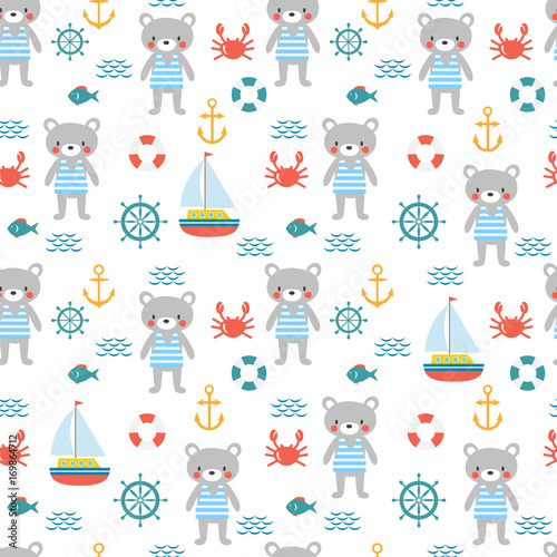 Seamless pattern with cute little bear sailor Tableau sur Toile