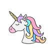 Colorful rainbow unicorn vector illustration drawing. Cute unicorn's head with rainbow mane and yellow horn. Unicorn cartoon graphic print isolated on white background. Unicorn sticker icon.