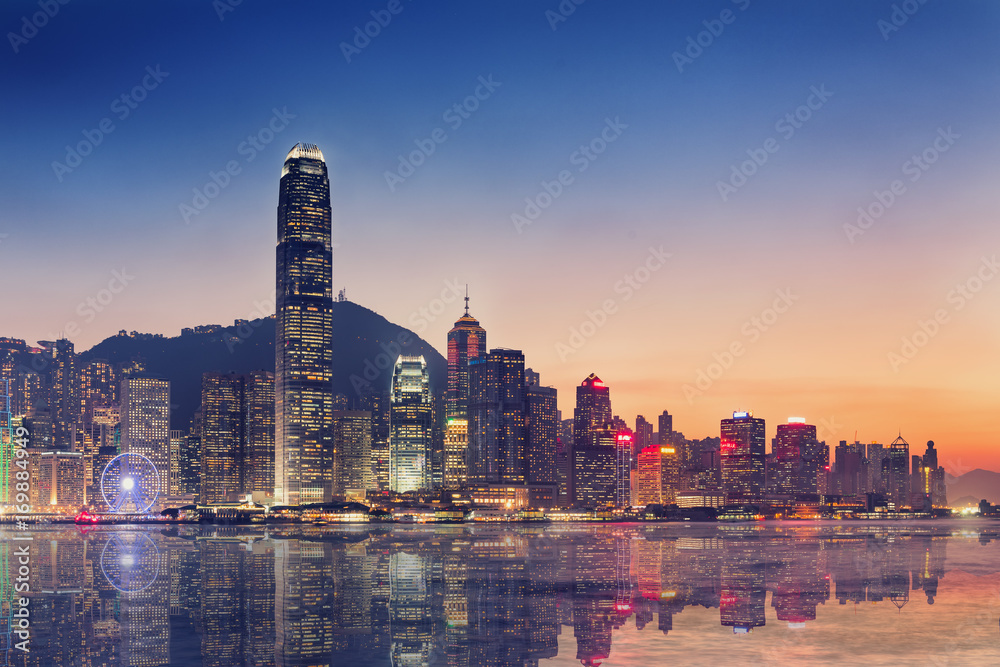 Hong Kong City Skyscraper Buildings and Business Financial District Central, Landmark Harbor View of Hong Kong City Skyline and Skyscrapers Cityscape Downtown at Sunset. Travel Sightseeing of HongKong - obrazy, fototapety, plakaty 