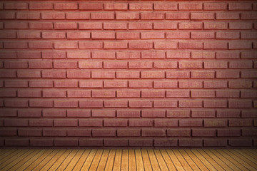Poster - red brick wall and wood floor with shadow for pattern and background