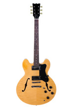 Light Yellow Hollow Body Guitar On White Background