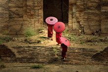 Myanmar Three Novices Spread A Red Umbrella And Walked Into The Pagoda.
