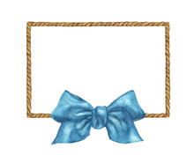 Watercolor Painting Of Brown Rope Frame With Blue Bow On White Background