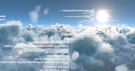 Binary code against white clouds 