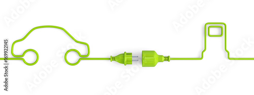 Cuadros en Lienzo Green power plug connection cable between car and service station shape - open