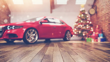 Car In Chrismas Room And Decorated.