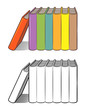 Books standing on the shelf. Stylized vector illustration, outline and colored version