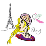 Fototapeta Paryż - Blonde girl with braid in a beret. Parisian woman, on a background of the Eiffel Tower