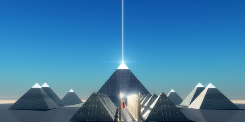 Wall Mural - egyptian cosmic pyramids - a beam of light shines from the top of an egyptian pyramid to transport t
