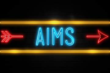 Aims  - fluorescent Neon Sign on brickwall Front view