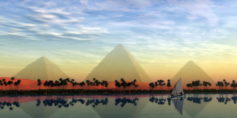 Wall Mural - the great pyramids and nile river - the great pyramids stand majestically over the nile river runnin
