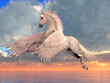 White Arabian Pegasus Horse - An Arabian Pegasus horse rises on powerful wings to fly over the ocean on a sunny day.