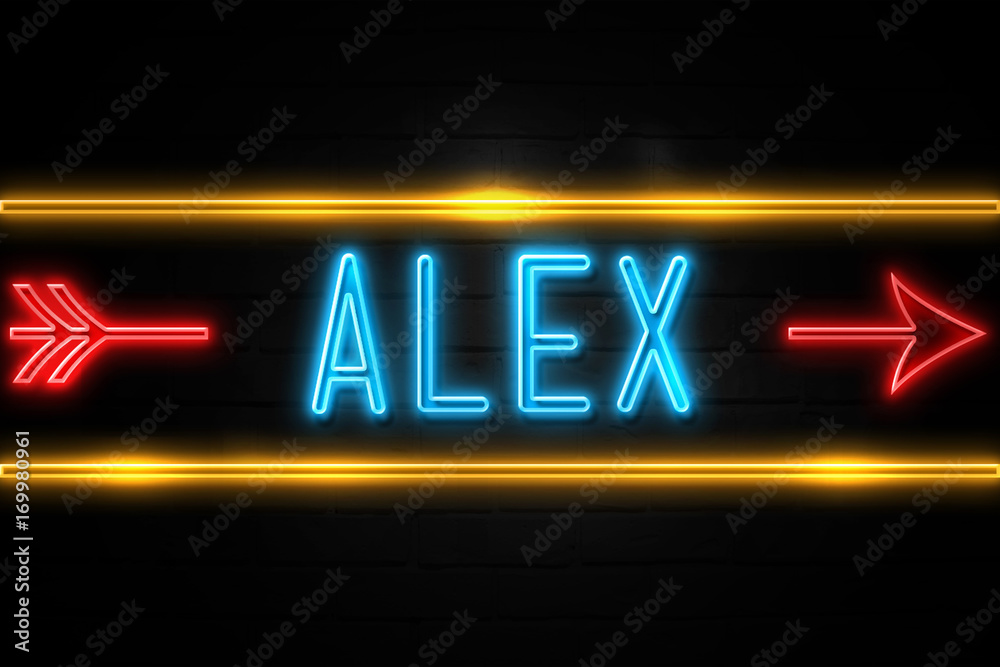 Alex  - fluorescent Neon Sign on brickwall Front view - obrazy, fototapety, plakaty 