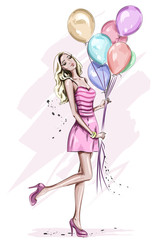 Wall Mural - Beautiful young woman with colorful birthday balloons. Stylish cute blonde hair girl in pink dress. Hand drawn woman in fashion clothes. Sketch. Vector illustration.