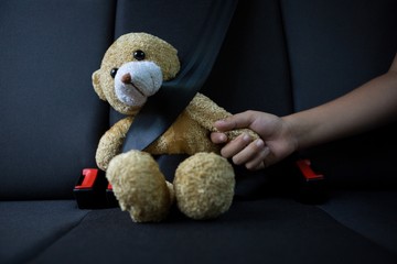teenage girl sitting with teddy bear in the back seat of car