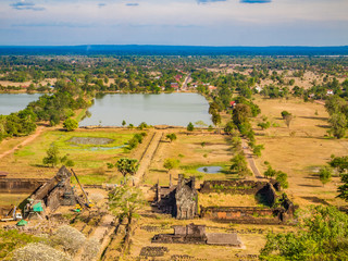 View of the lower level of Vat Phou, a ruined Khmer Hindu temple complex in southern Laos
