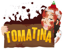 Woman Covered With Tomatoes Holding A Sign For Tomatina Festival, Vector Illustration