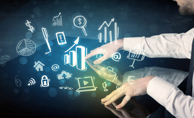 Poster - Man touching technology smart table with business icons