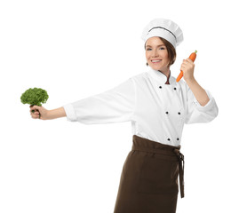 Sticker - Female chef with vegetables on white background