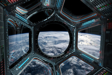 Fototapete - View of planet Earth from a space station window 3D rendering elements of this image furnished by NASA