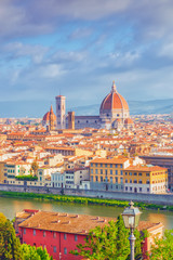 Beautiful landscape above, panorama on historical view of the Florence from  Piazzale Michelangelo point. Morning time.