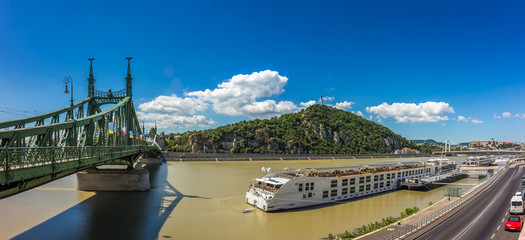 Wall Mural - budapest, hungary - panoramic view of liberty bridge, gellert hill with statue of liberty, the citad