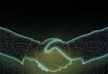 Digital Businessman Handshake, Business Concept. Abstract Image Of Two Hands Shaking. Digital Partners Hand On Blue Binary Background.