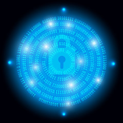 Poster - Blue Abstract Security Concept With Padlock Key And Circle Binary Digital Number Vector Background
