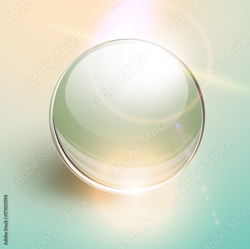 Background with 3D glass sphere, ball transparent with lens flares