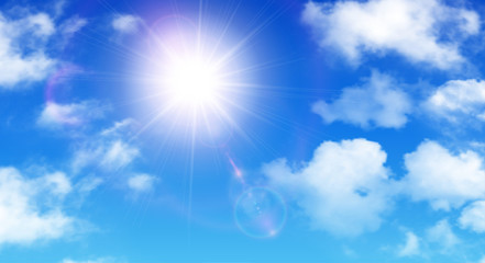 Wall Mural - sunny background, blue sky with white clouds and sun