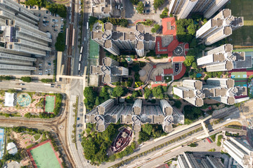 Fototapete - Top view of Hong Kong urban city