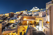 View Of The Night Fira, The Capital Of Santorini, Greece