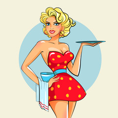 Pinup girl with tray, sexy waitress