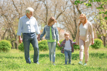 Poster - Cute happy children with grandparents walking in spring park on sunny day