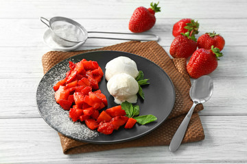 Sticker - Plate with delicious sliced strawberry, mint leaves and ice-cream on wooden table