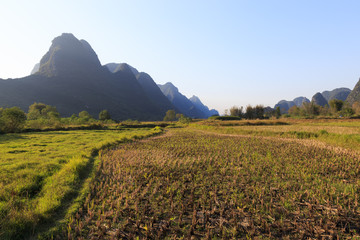 Landscape of Yangshuo. farm with scarecrows and Karst mountains. Located near Yangshuo County, Guilin City, Guangxi Province, China.