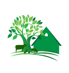 Green farm house and tree vector logo