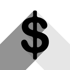 Dollars sign illustration. USD currency symbol. Money label. Vector. Black icon with two flat gray shadows on white background.