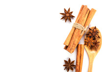 Close Up Brown Cinnamon Stick With Star Anise Spice In Wooden Spoon Isolated On White Background With Copy Space , Overhead And Top View