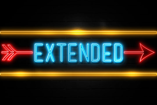 Extended  - fluorescent Neon Sign on brickwall Front view