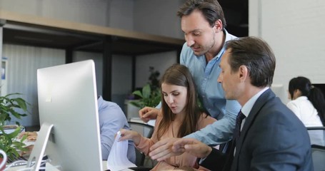 Poster - Businessman Boss Explain Business People Coworkers Documents, Businesspeople Working In Modern Office Sititng At Computer Slow Motion 60