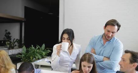 Poster - Business People Group Talk While Reading Report Document Together, Businesspeople Team Communicaton In Modern Office Coworking Center Slow Motion 60