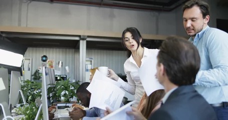 Poster - Group Of Business People Discuss Reports And Results Of Strategy Holding Documents, Team Of Businesspeople Talking Working In Coworkers Office Slow Motion 60