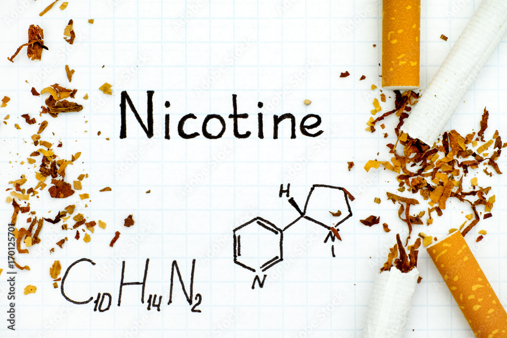 cigarette chemical formula Chemical formula of Nicotine with cigarettes and tobacco Stock Photo